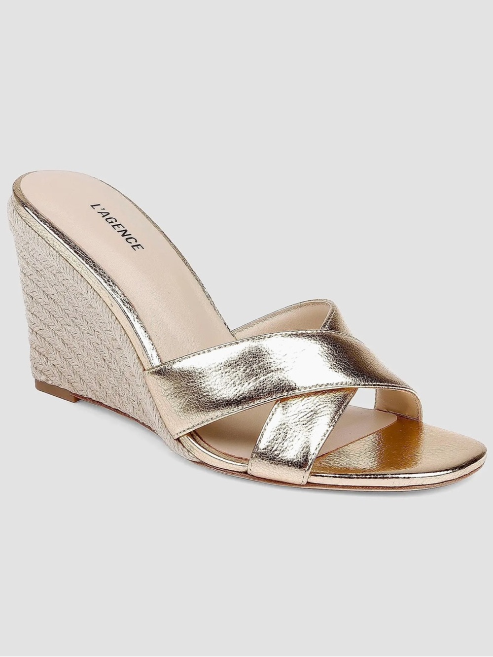 NEW L'AGENCE Rosaline 95MM Leather Espadrille Wedge Sandals in Gold Crackle